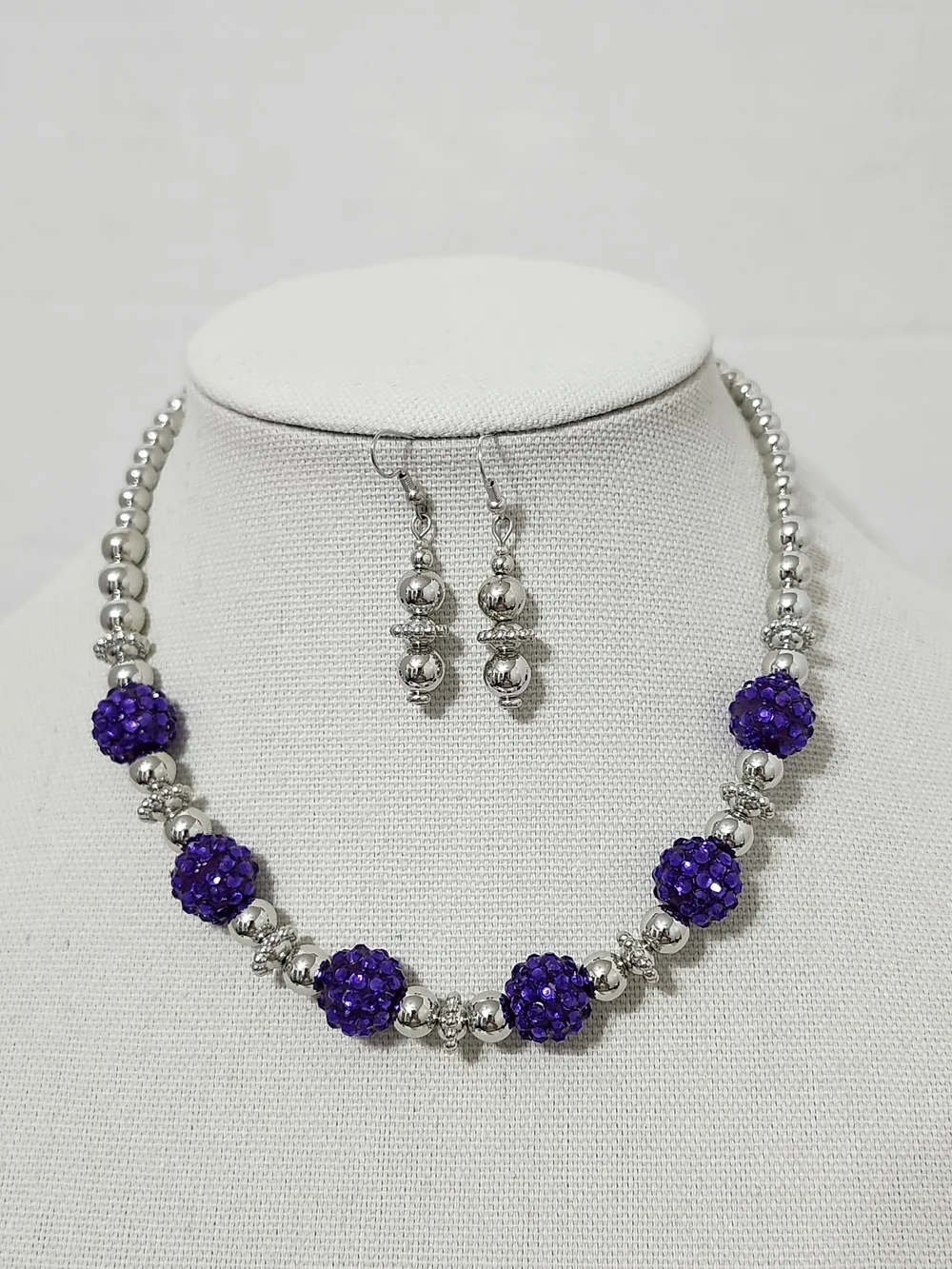 Purple Studded Ball Bead Necklace & Earring Set Statement Casual Handmade New